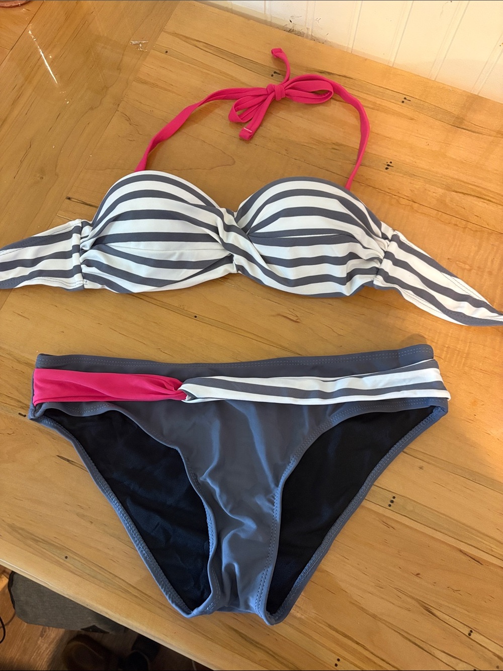 Striped Bandeau Swim Top and Solid Bikini Bottom - Gray & Pink